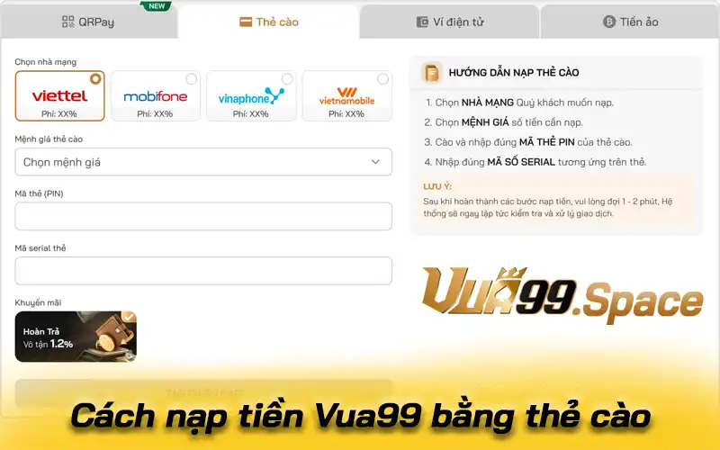 Cách nạp tiền Vua99 bằng thẻ cào