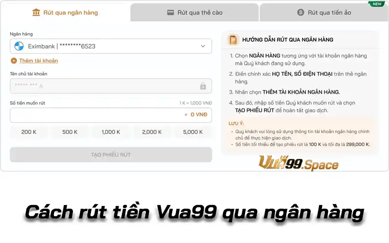 Cách rút tiền Vua99 qua ngân hàng