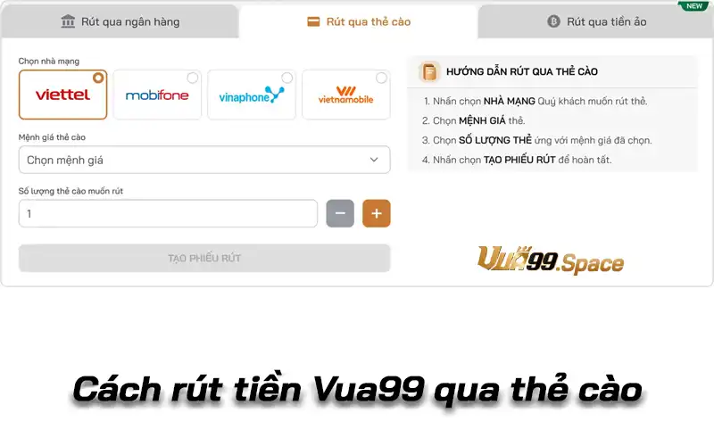 Cách rút tiền Vua99 qua thẻ cào